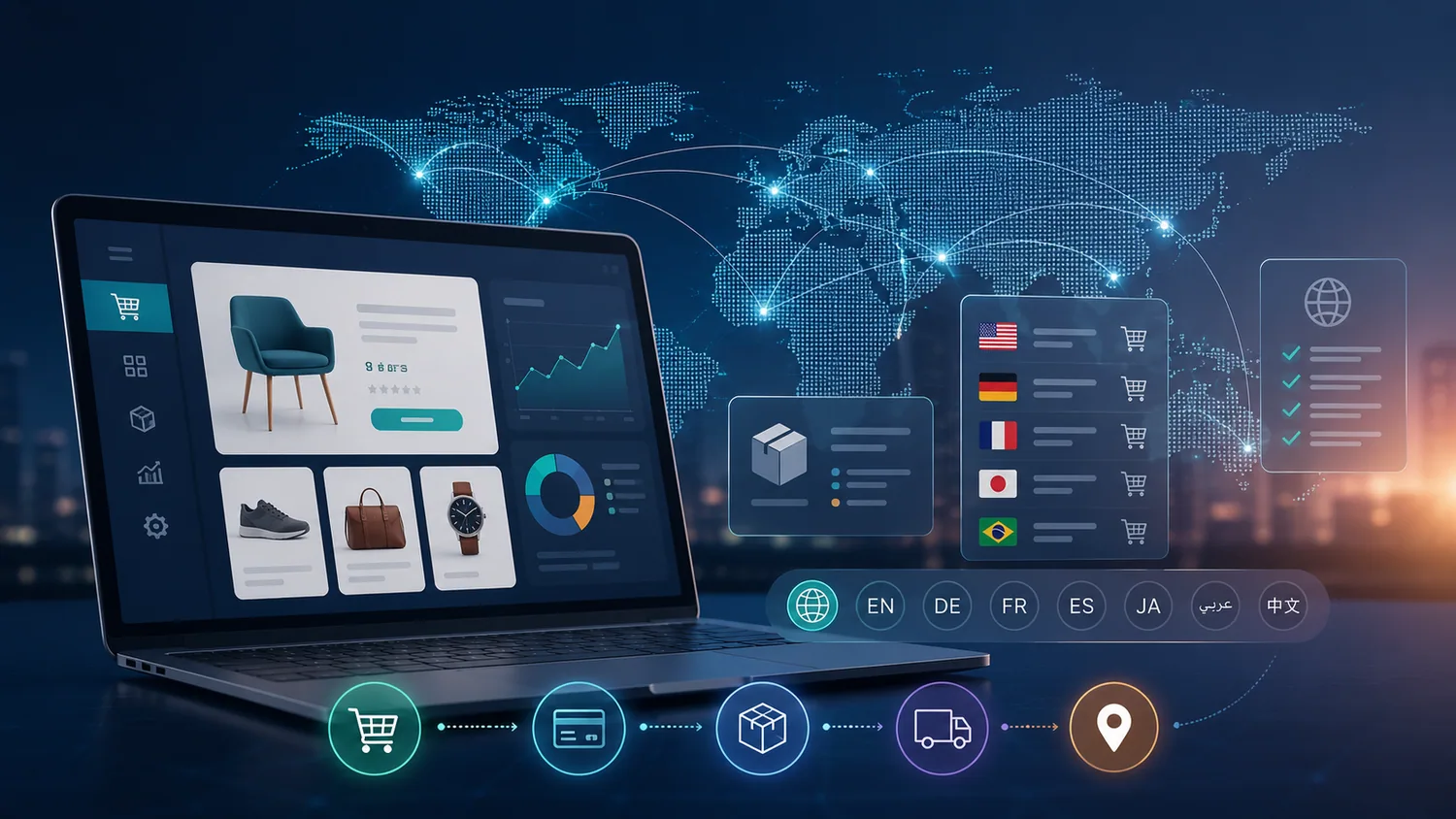 Visualisierung von internationalem E-Commerce mit digitalen Systemen, Märkten, Sprachen und Produktdaten